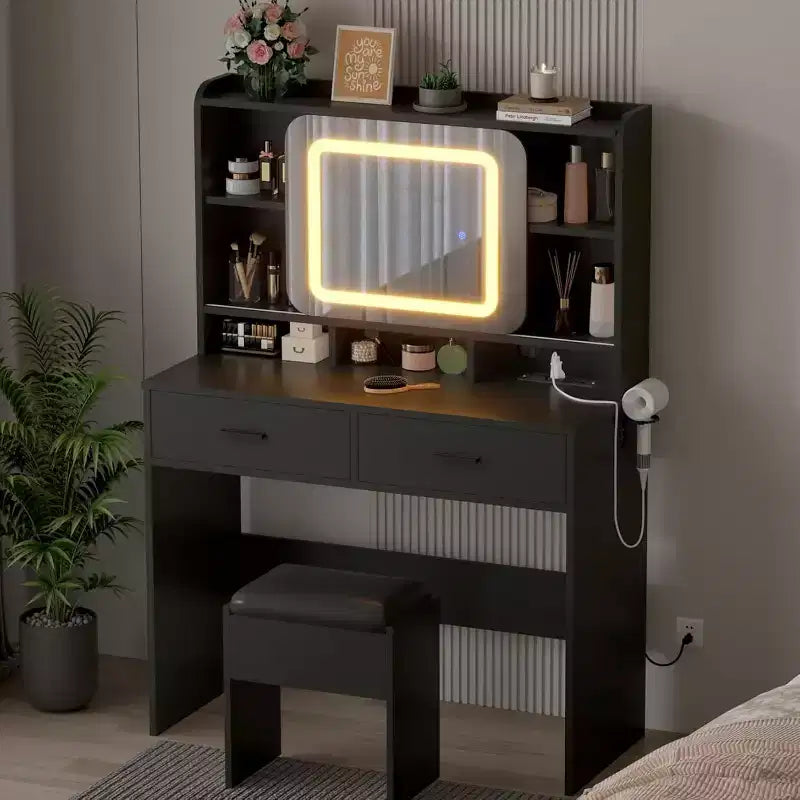 Coiffeuse avec miroir coulissant, coiffeuse et tabouret avec lumières 3 couleurs, coiffeuse pour filles avec station de recharge