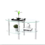Table basse ovale en verre transparent, table moderne avec pied en acier inoxydable, table à thé, table en verre à 3 niveaux pour le salon
