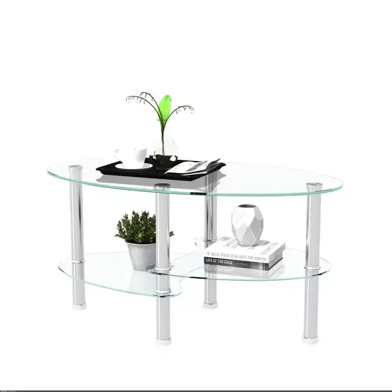 Table basse ovale en verre transparent, table moderne avec pied en acier inoxydable, table à thé, table en verre à 3 niveaux pour le salon