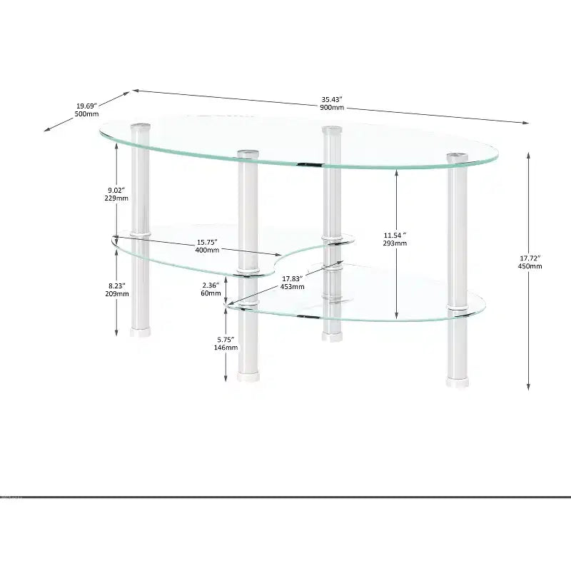 Table basse ovale en verre transparent, table moderne avec pied en acier inoxydable, table à thé, table en verre à 3 niveaux pour le salon