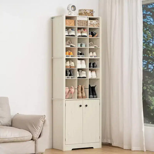 GARPROVM 10-Tier Modern White Shoe Cabinet with Adjustable Shelves - 24 Cubbies & Enclosed Storage, Space-Saving Vertical Storage