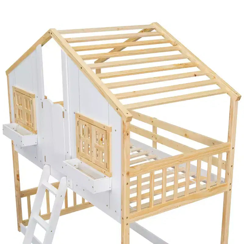 Lit superposé maison jumeau sur jumeau avec toit, lit superposé au sol avec garde-corps de sécurité, porte, escaliers en bois massif pour enfants, facile à assembler