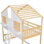 Lit superposé maison jumeau sur jumeau avec toit, lit superposé au sol avec garde-corps de sécurité, porte, escaliers en bois massif pour enfants, facile à assembler
