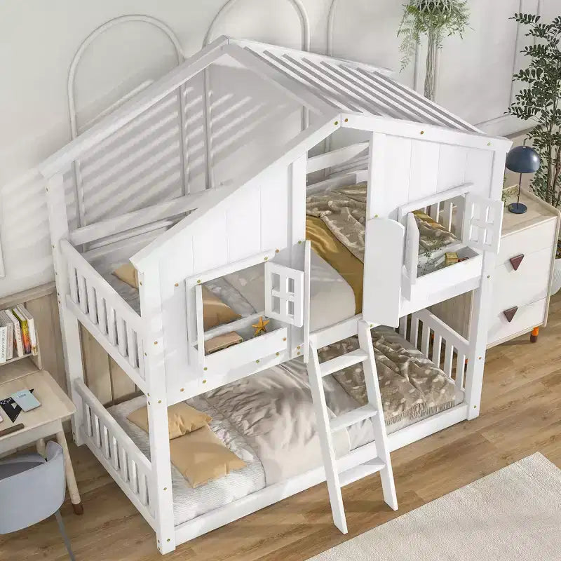 Lit superposé maison jumeau sur jumeau avec toit, lit superposé au sol avec garde-corps de sécurité, porte, escaliers en bois massif pour enfants, facile à assembler