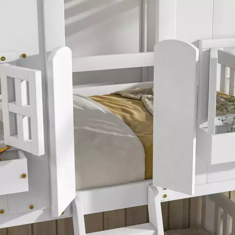 Lit superposé maison jumeau sur jumeau avec toit, lit superposé au sol avec garde-corps de sécurité, porte, escaliers en bois massif pour enfants, facile à assembler