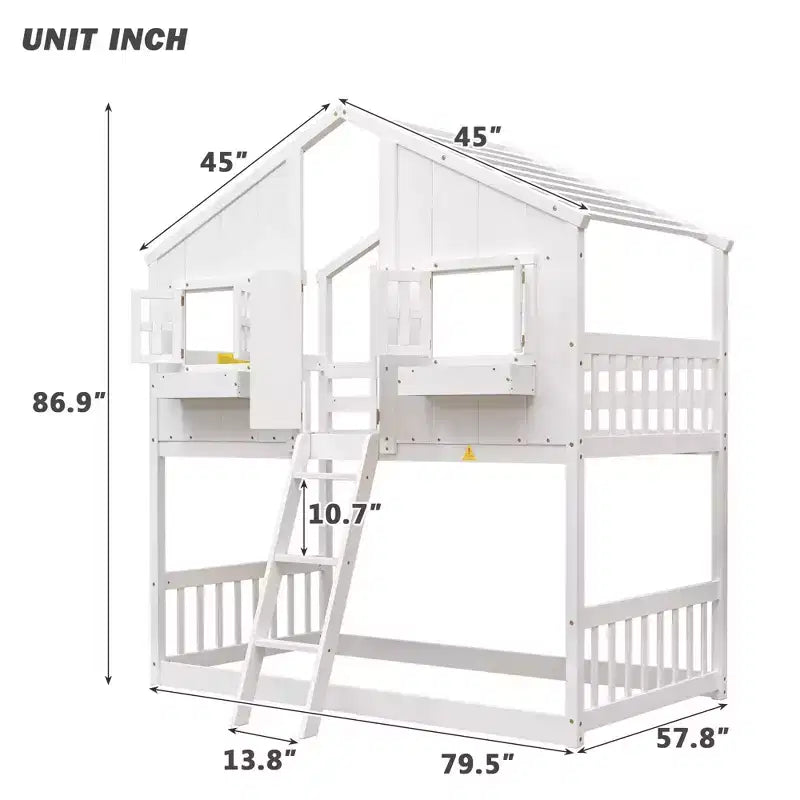 Lit superposé maison jumeau sur jumeau avec toit, lit superposé au sol avec garde-corps de sécurité, porte, escaliers en bois massif pour enfants, facile à assembler