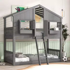 Lit superposé maison jumeau sur jumeau avec toit, lit superposé au sol avec garde-corps de sécurité, porte, escaliers en bois massif pour enfants, facile à assembler