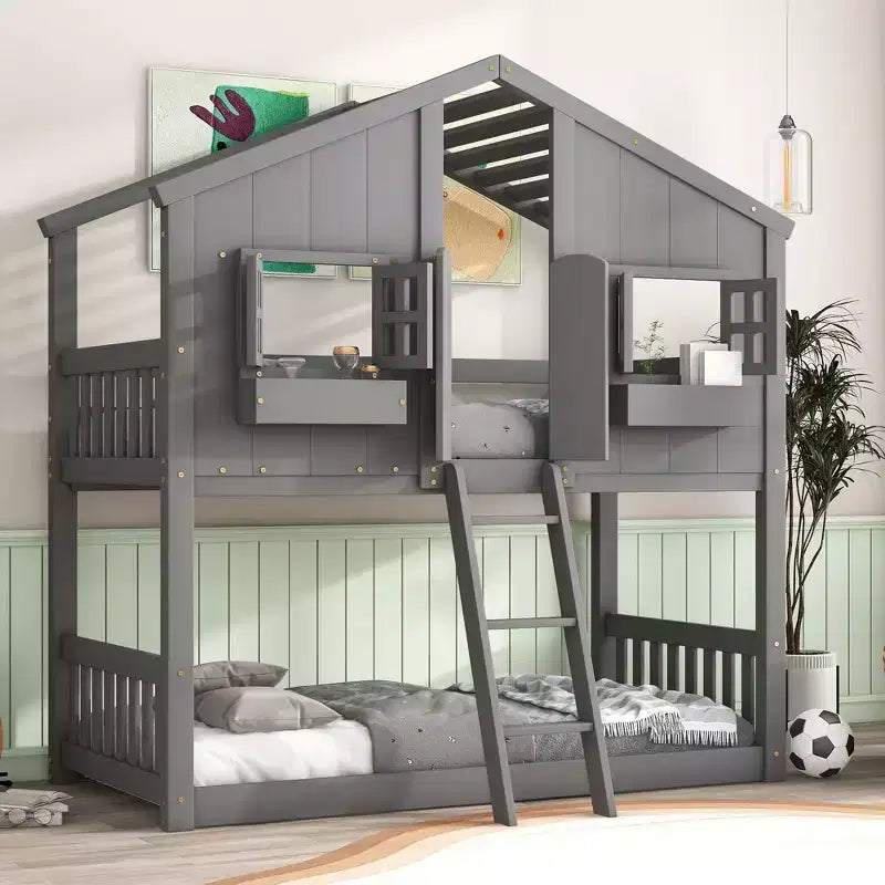 Lit superposé maison jumeau sur jumeau avec toit, lit superposé au sol avec garde-corps de sécurité, porte, escaliers en bois massif pour enfants, facile à assembler