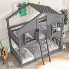 Lit superposé maison jumeau sur jumeau avec toit, lit superposé au sol avec garde-corps de sécurité, porte, escaliers en bois massif pour enfants, facile à assembler