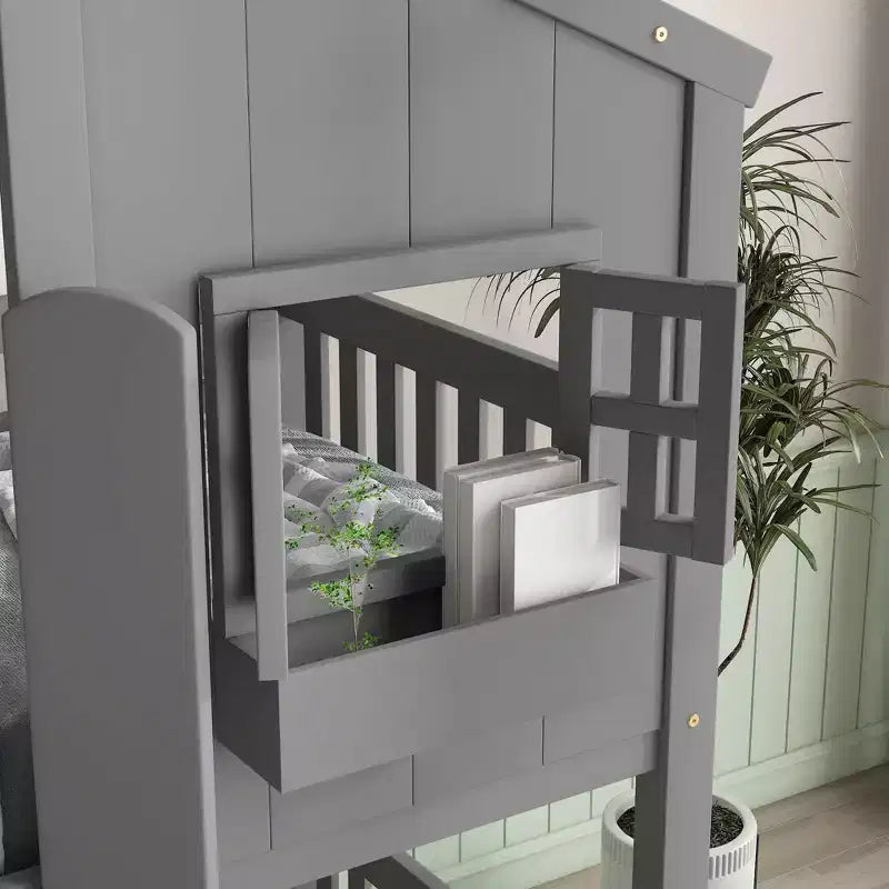 Lit superposé maison jumeau sur jumeau avec toit, lit superposé au sol avec garde-corps de sécurité, porte, escaliers en bois massif pour enfants, facile à assembler