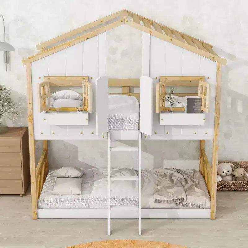 Lit superposé maison jumeau sur jumeau avec toit, lit superposé au sol avec garde-corps de sécurité, porte, escaliers en bois massif pour enfants, facile à assembler