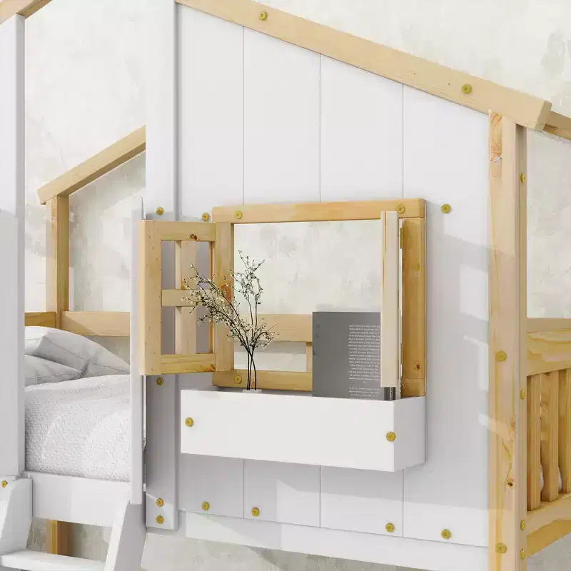 Lit superposé maison jumeau sur jumeau avec toit, lit superposé au sol avec garde-corps de sécurité, porte, escaliers en bois massif pour enfants, facile à assembler