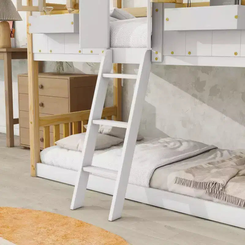 Lit superposé maison jumeau sur jumeau avec toit, lit superposé au sol avec garde-corps de sécurité, porte, escaliers en bois massif pour enfants, facile à assembler