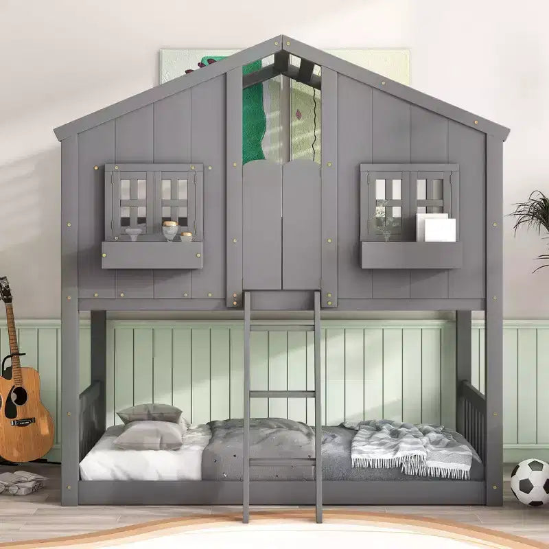Lit superposé maison jumeau sur jumeau avec toit, lit superposé au sol avec garde-corps de sécurité, porte, escaliers en bois massif pour enfants, facile à assembler