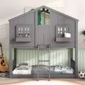 Lit superposé maison jumeau sur jumeau avec toit, lit superposé au sol avec garde-corps de sécurité, porte, escaliers en bois massif pour enfants, facile à assembler