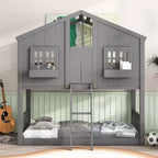 Lit superposé maison jumeau sur jumeau avec toit, lit superposé au sol avec garde-corps de sécurité, porte, escaliers en bois massif pour enfants, facile à assembler