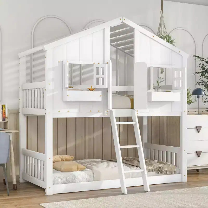 Lit superposé maison jumeau sur jumeau avec toit, lit superposé au sol avec garde-corps de sécurité, porte, escaliers en bois massif pour enfants, facile à assembler