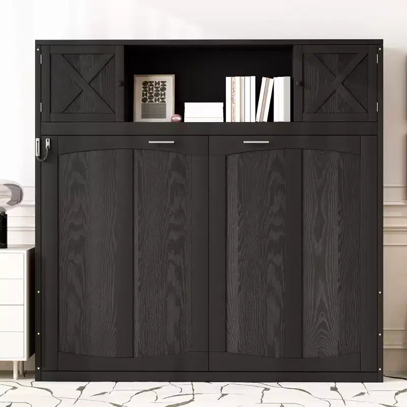 Lit escamotable grand format avec accents en X et armoires de rangement rustiques