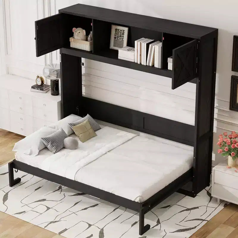 Lit escamotable grand format avec accents en X et armoires de rangement rustiques