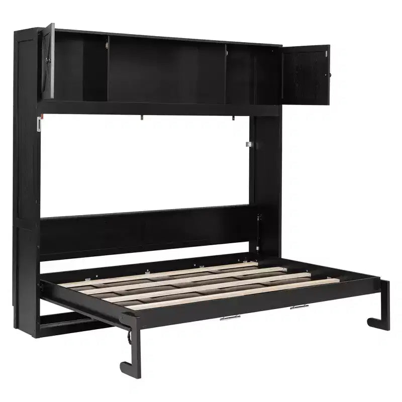 Lit escamotable grand format avec accents en X et armoires de rangement rustiques