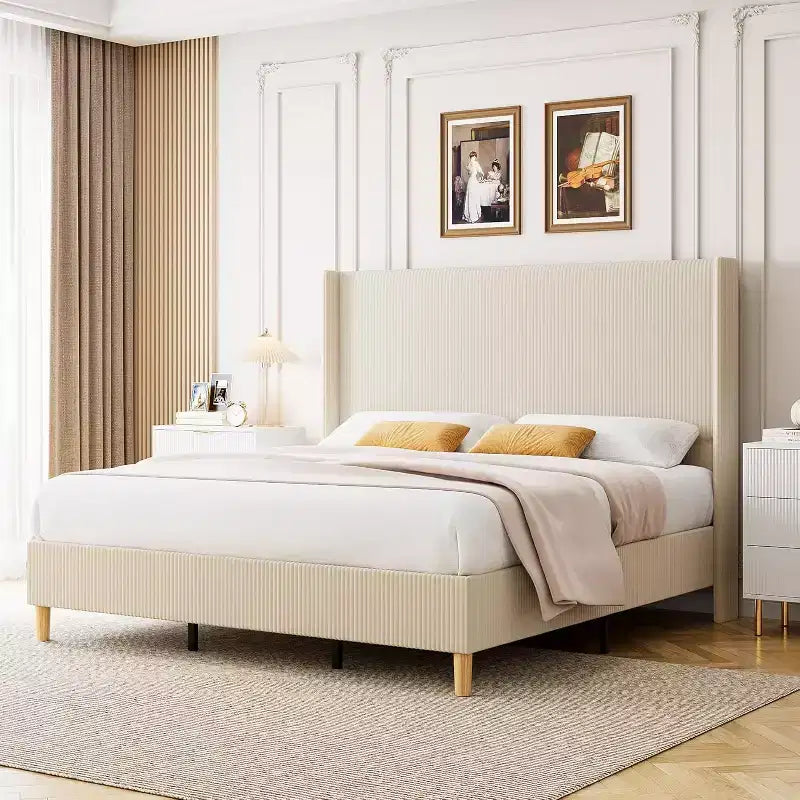 DobleePy Full Size Beige Upholstered Bed Frame, Corduroy Platform with Wingback Headboard, Wood Slats, No Box Spring Needed