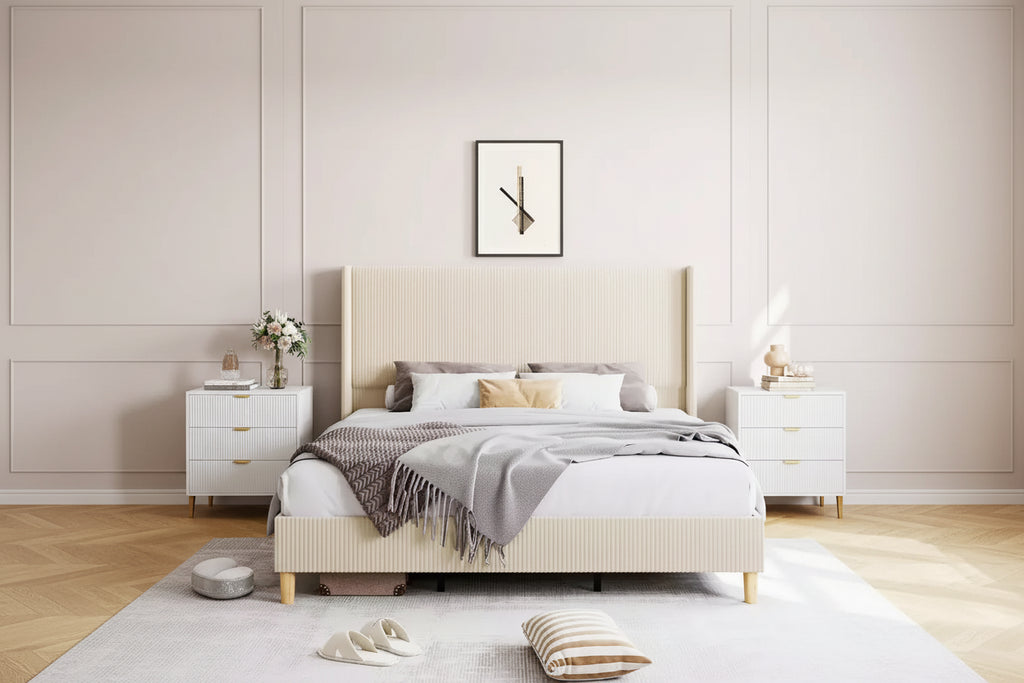 Cadre de lit double rembourré beige