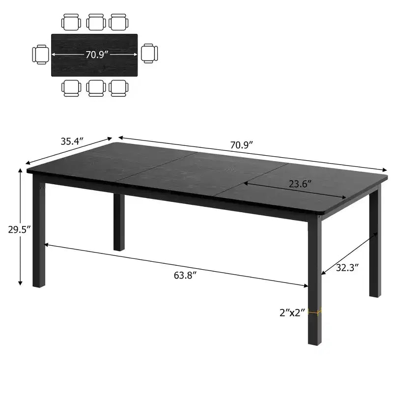 Table à manger industrielle de 68 places, assemblage tenon-mortaise, plateau rectangulaire en bois avec pieds métalliques robustes, bords biseautés modernes et coins arrondis