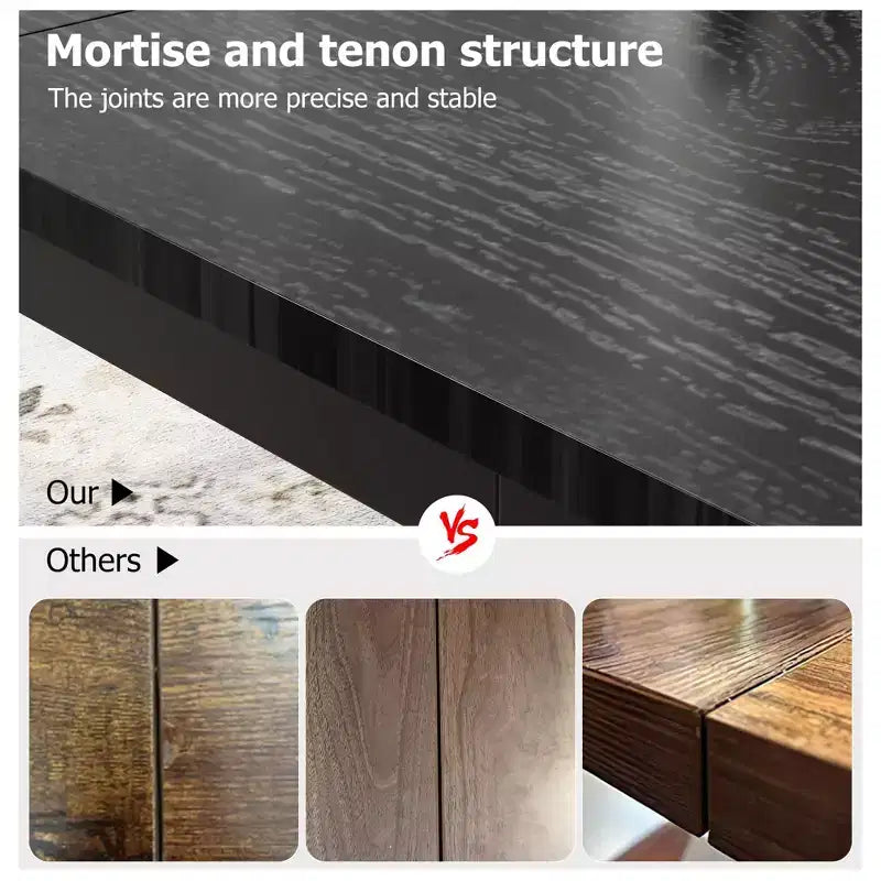 Table à manger industrielle de 68 places, assemblage tenon-mortaise, plateau rectangulaire en bois avec pieds métalliques robustes, bords biseautés modernes et coins arrondis