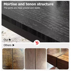 Table à manger industrielle de 68 places, assemblage tenon-mortaise, plateau rectangulaire en bois avec pieds métalliques robustes, bords biseautés modernes et coins arrondis