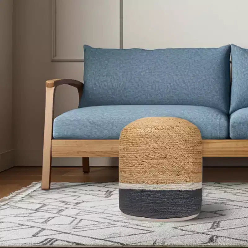 Pouf ottoman cylindrique rayé en mélange de jute naturel et gris, 18 pouces