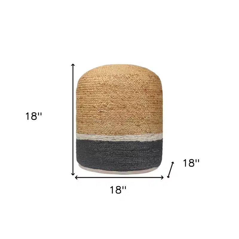 Pouf ottoman cylindrique rayé en mélange de jute naturel et gris, 18 pouces