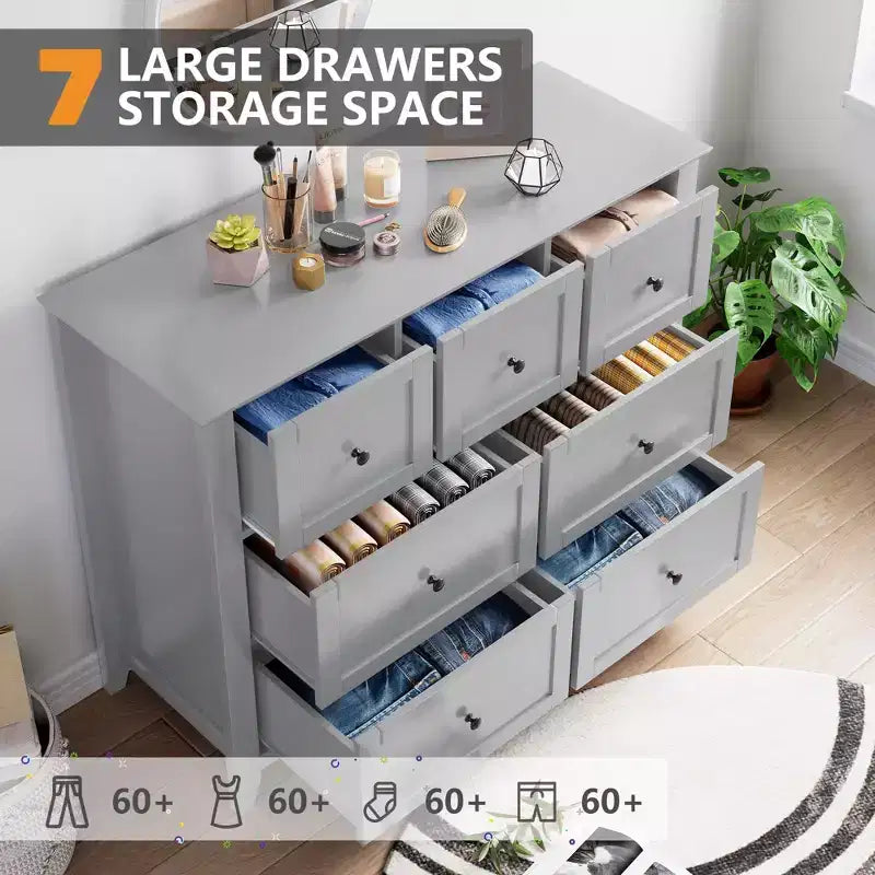 Commode à 7 tiroirs, meuble de rangement en bois avec grand espace de rangement pour chambre, salon, entrée