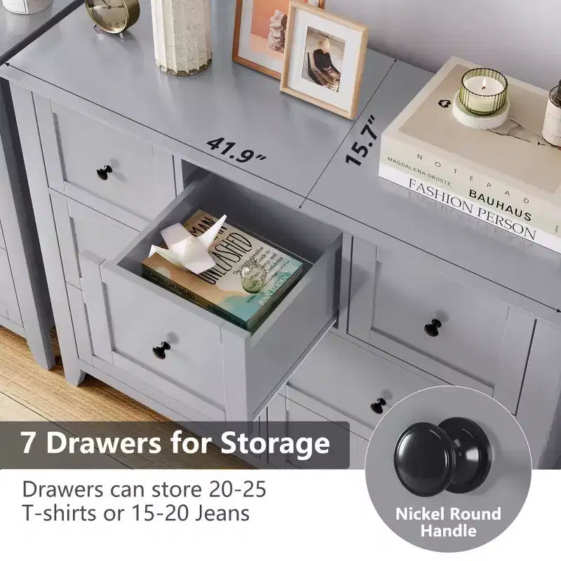 Commode à 7 tiroirs, meuble de rangement en bois avec grand espace de rangement pour chambre, salon, entrée