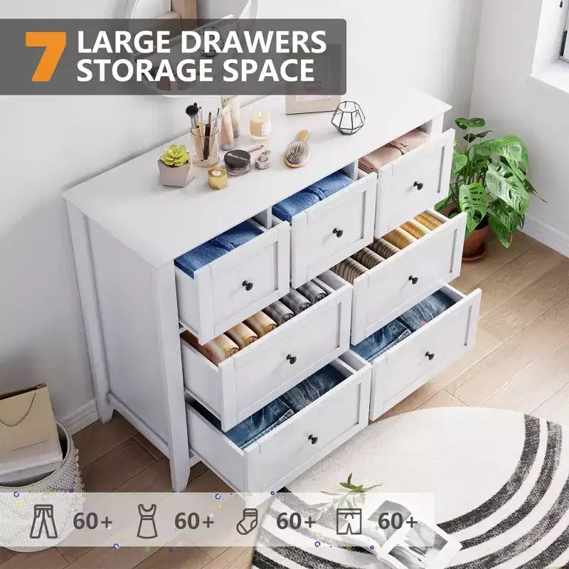 Commode à 7 tiroirs, meuble de rangement en bois avec grand espace de rangement pour chambre, salon, entrée