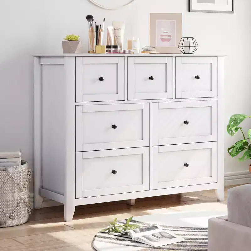 Commode à 7 tiroirs, meuble de rangement en bois avec grand espace de rangement pour chambre, salon, entrée