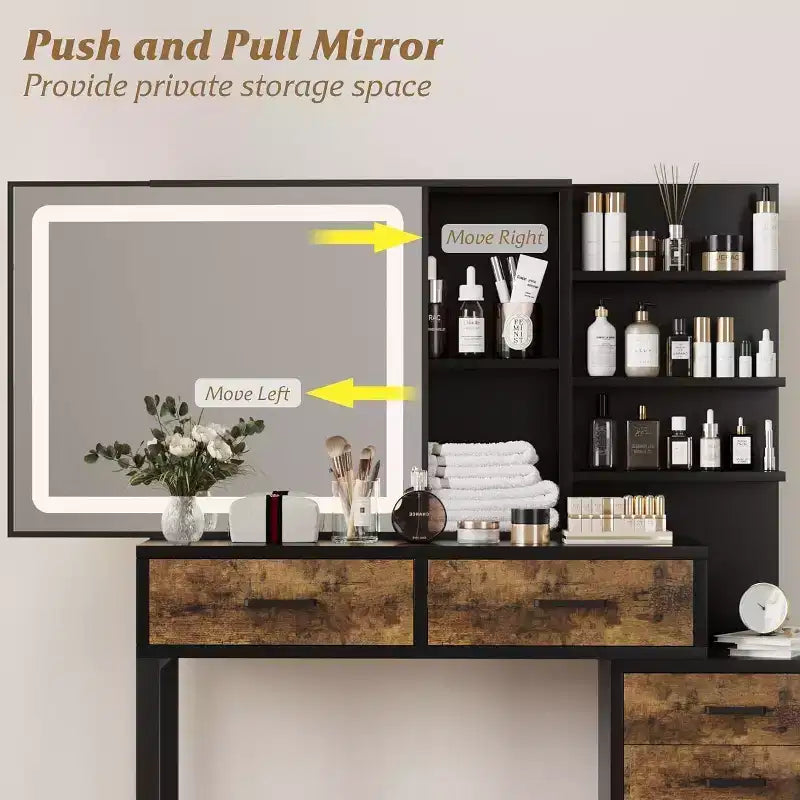 Coiffeuse avec miroir et lumières, Coiffeuse de maquillage avec miroir coulissant éclairé, 3 modes d'éclairage, 5 grands tiroirs et 3 niveaux, pour chambre à coucher, Noir