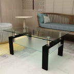 Table basse moderne en verre avec espace de rangement à double couche et pieds en tube métallique pour salon ou bureau