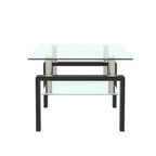 Table basse moderne en verre avec espace de rangement à double couche et pieds en tube métallique pour salon ou bureau