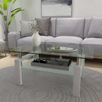 Table basse moderne en verre avec espace de rangement à double couche et pieds en tube métallique pour salon ou bureau