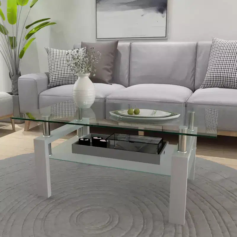 Table basse moderne en verre avec espace de rangement à double couche et pieds en tube métallique pour salon ou bureau