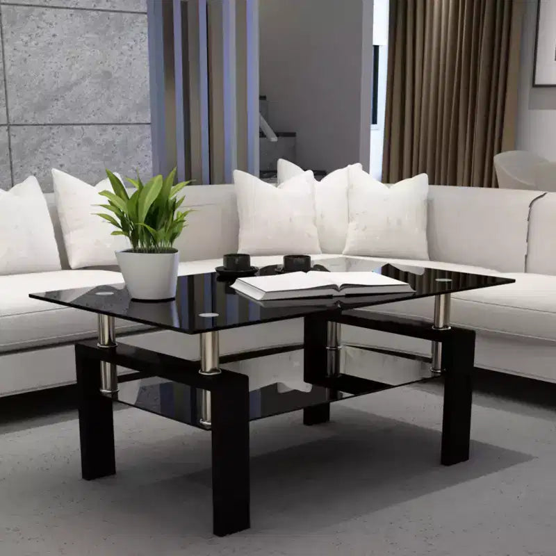 Table basse moderne en verre avec espace de rangement à double couche et pieds en tube métallique pour salon ou bureau