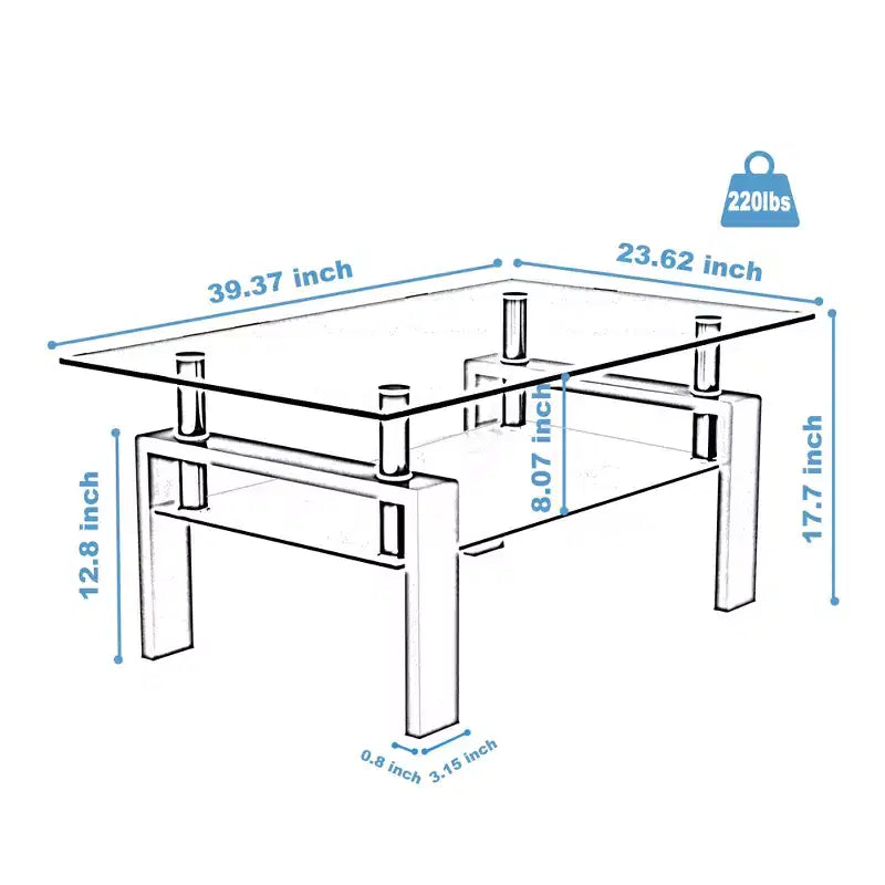 Table basse moderne en verre avec espace de rangement à double couche et pieds en tube métallique pour salon ou bureau