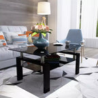 Table basse moderne en verre avec espace de rangement à double couche et pieds en tube métallique pour salon ou bureau