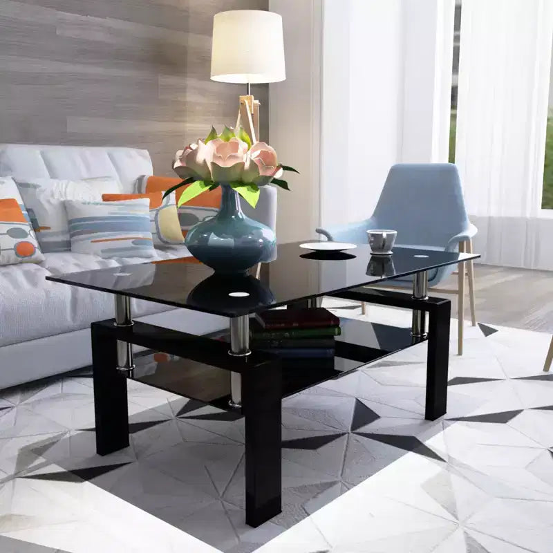 Table basse moderne en verre avec espace de rangement à double couche et pieds en tube métallique pour salon ou bureau