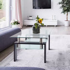 Table basse moderne en verre avec espace de rangement à double couche et pieds en tube métallique pour salon ou bureau