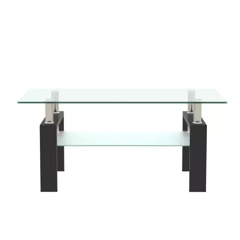 Table basse moderne en verre avec espace de rangement à double couche et pieds en tube métallique pour salon ou bureau