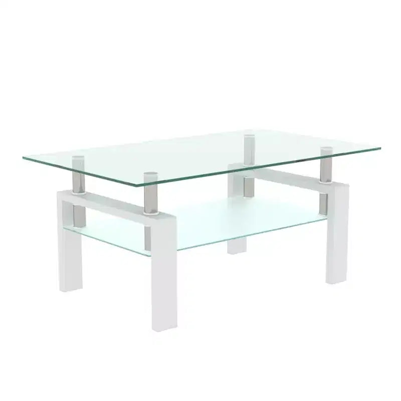 Table basse moderne en verre avec espace de rangement à double couche et pieds en tube métallique pour salon ou bureau
