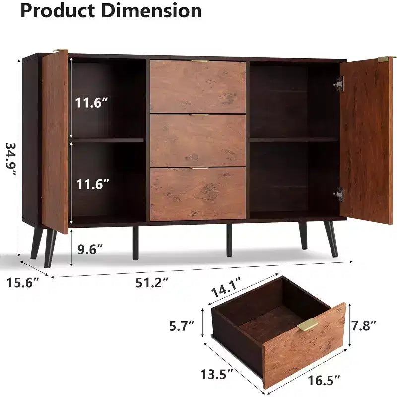 Meuble buffet en noyer de 130 cm avec 3 tiroirs, grand bahut de rangement avec portes et étagères, poignées en métal, compatible robot aspirateur