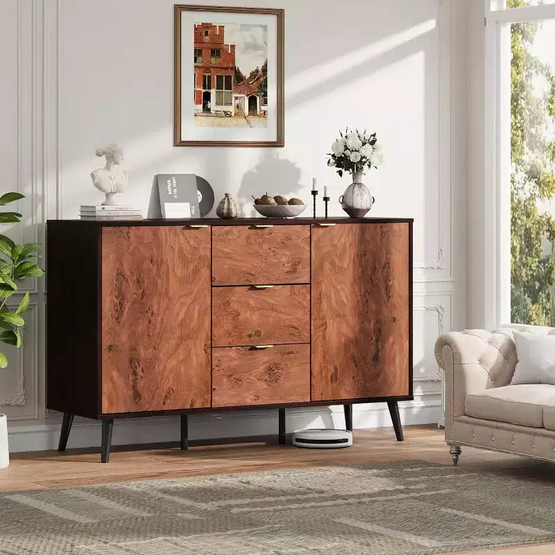 Meuble buffet en noyer de 130 cm avec 3 tiroirs, grand bahut de rangement avec portes et étagères, poignées en métal, compatible robot aspirateur