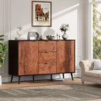 Meuble buffet en noyer de 130 cm avec 3 tiroirs, grand bahut de rangement avec portes et étagères, poignées en métal, compatible robot aspirateur